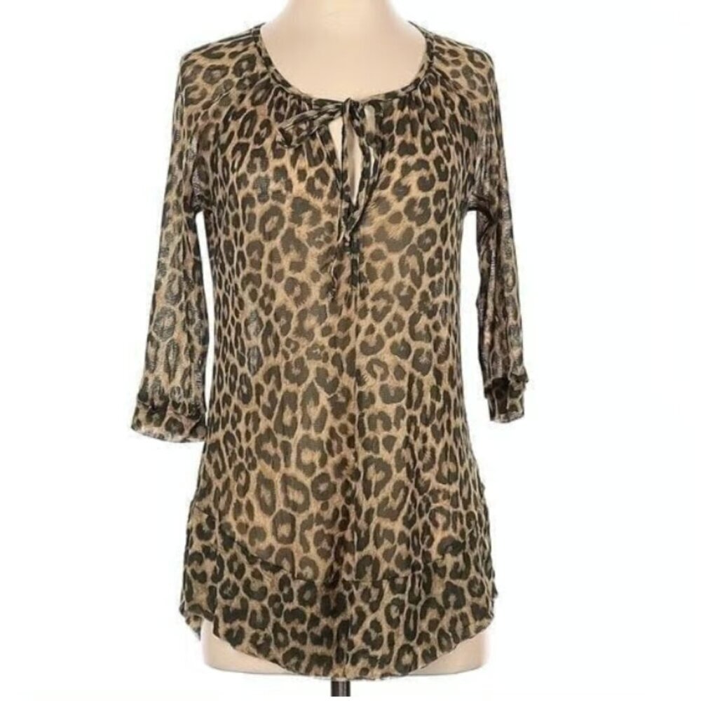 ANTHROPOLOGIE WESTON WEAR Tan Brown Cheetah Leopard Animal Sheer 3/4 Sleeve Top